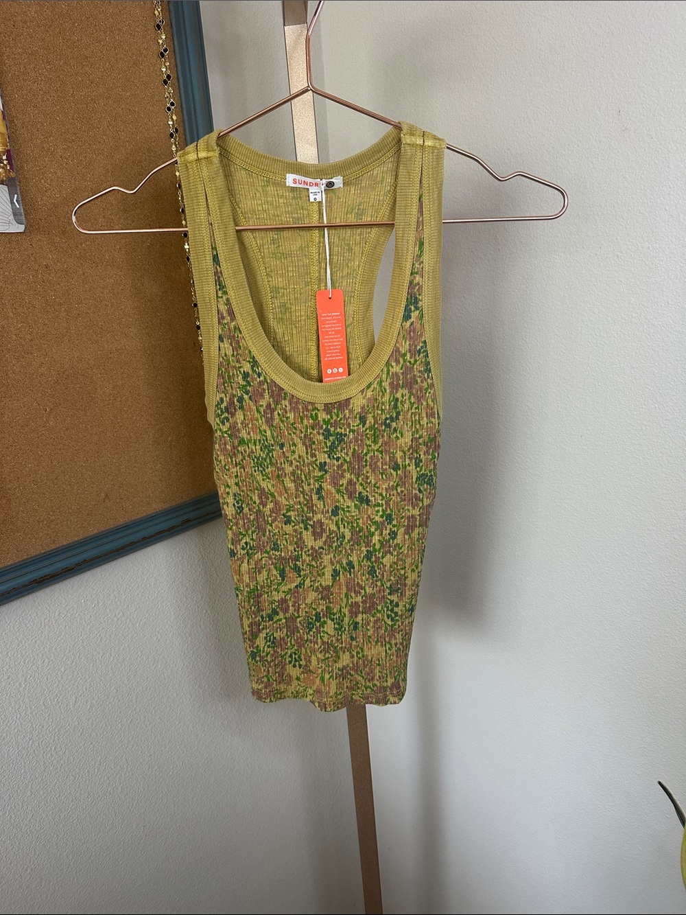Sundry | Olive & Brown Floral Printed Ribbed Scoop Tank